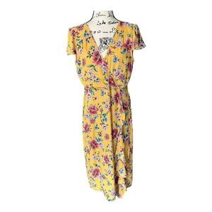 Xhilaration Women's M Gold Floral V-Neck Faux Wrap Maxi Dress